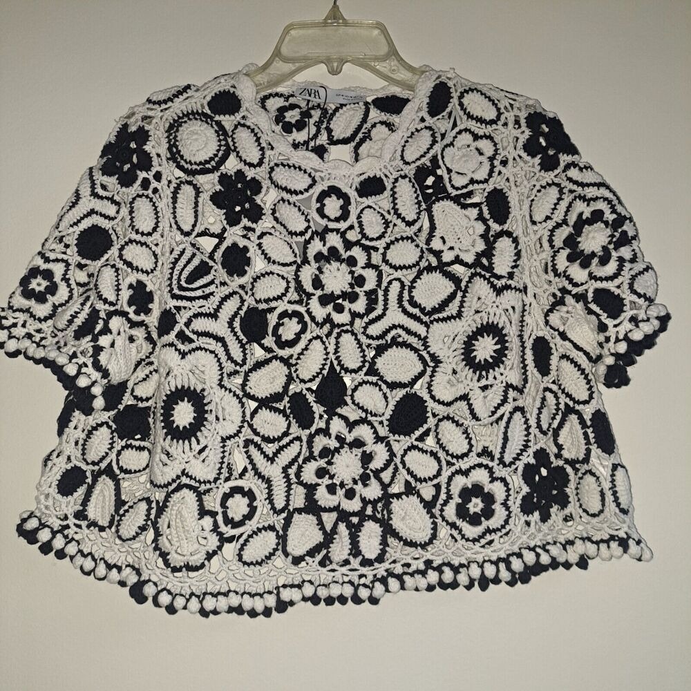 ZARA Black White Floral Crochet Crop Top Tassels Boho Festival Size M - Picture 8 of 8